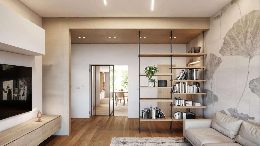 a room with a wood shelf and a couch